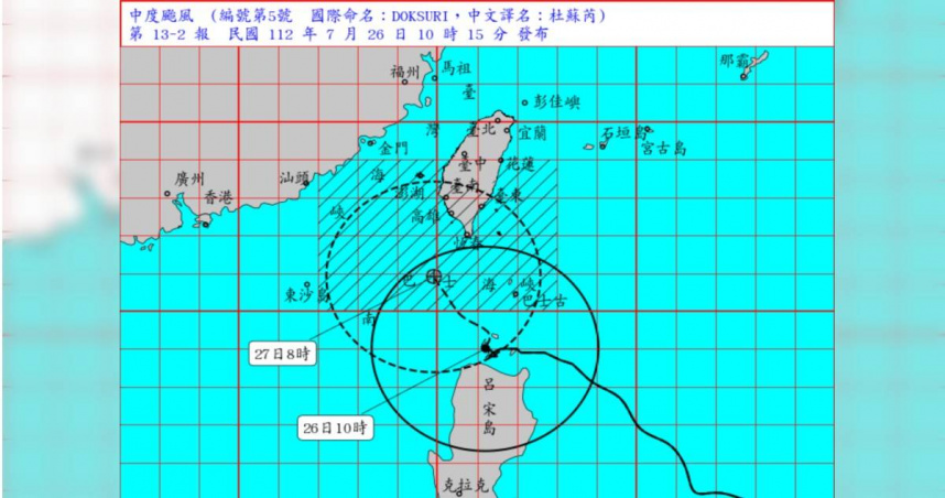 中颱杜蘇芮逐漸近逼，下午過後全台將陸續感受到風雨。（圖／翻攝中央氣象局）